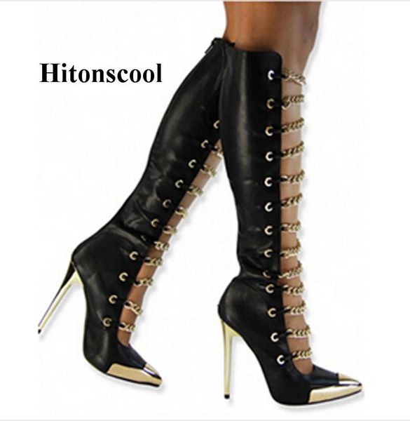boots selling women fashion pointed gold metal toe knee high chain design stiletto heel gladiator, Black
boots selling women fashion pointed gold metal toe knee high chain design stiletto heel gladiator, Black
