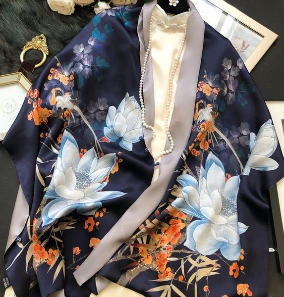 ethnic clothing white lotus dish button high-grade silk satin scarf, Red 
ethnic clothing white lotus dish button high-grade silk satin scarf, Red