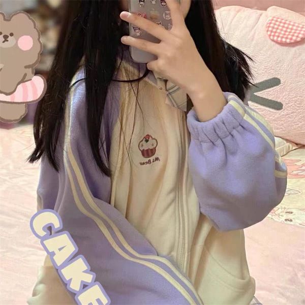 women's hoodies & sweatshirts patchwork cake embroidery hoodie women cute funny plus velvet thickened kawaii harajuku streetwear zip-up, Black
women's hoodies & sweatshirts patchwork cake embroidery hoodie women cute funny plus velvet thickened kawaii harajuku streetwear zip-up, Black
