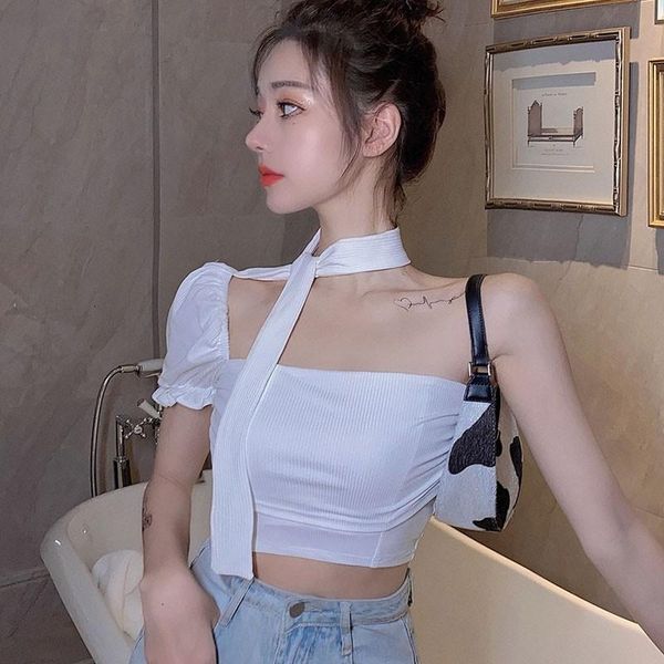 women's t-shirt fashion one-shoulder puff sleeve halter summer sweet slim, White
women's t-shirt fashion one-shoulder puff sleeve halter summer sweet slim, White
