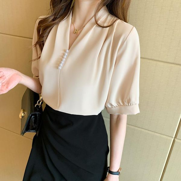 women's blouses & shirts summer blusas mujer fashion pearls beading v neck blouse women short sleeve chiffon shirt korean office lady, White
women's blouses & shirts summer blusas mujer fashion pearls beading v neck blouse women short sleeve chiffon shirt korean office lady, White