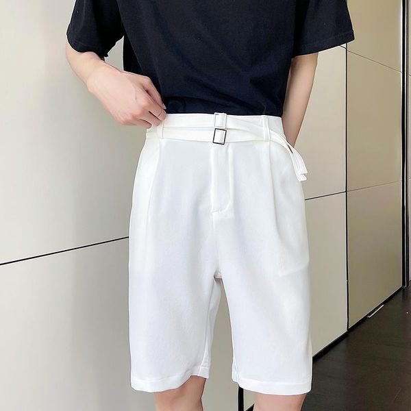 men's shorts summer thin design double belt decorative drape suit fashion straight tube loose casual pants, White;black
men's shorts summer thin design double belt decorative drape suit fashion straight tube loose casual pants, White;black