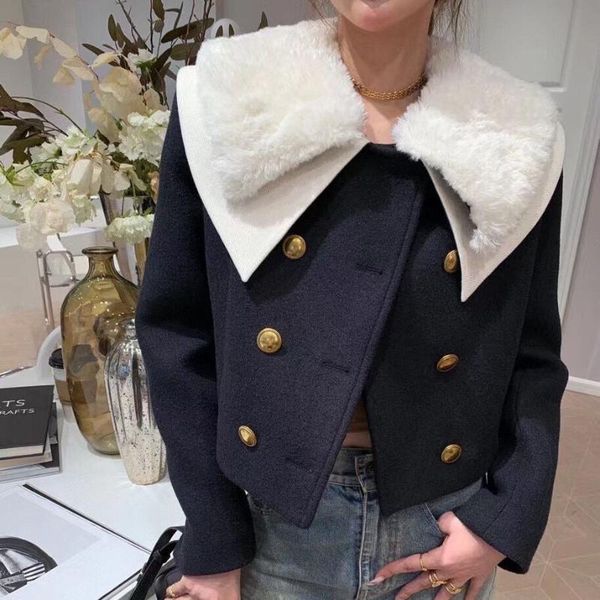 women's wool & blends autumn winter ladies style double row gold buckle detachable collar temperament short coat womens clothes, Black
women's wool & blends autumn winter ladies style double row gold buckle detachable collar temperament short coat womens clothes, Black