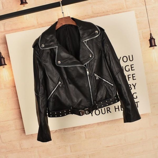 women's leather & faux autumn spring women moto biker sheepskin genuine jacket zippers buckle punk style coat female rivets short jacke, Black
women's leather & faux autumn spring women moto biker sheepskin genuine jacket zippers buckle punk style coat female rivets short jacke, Black