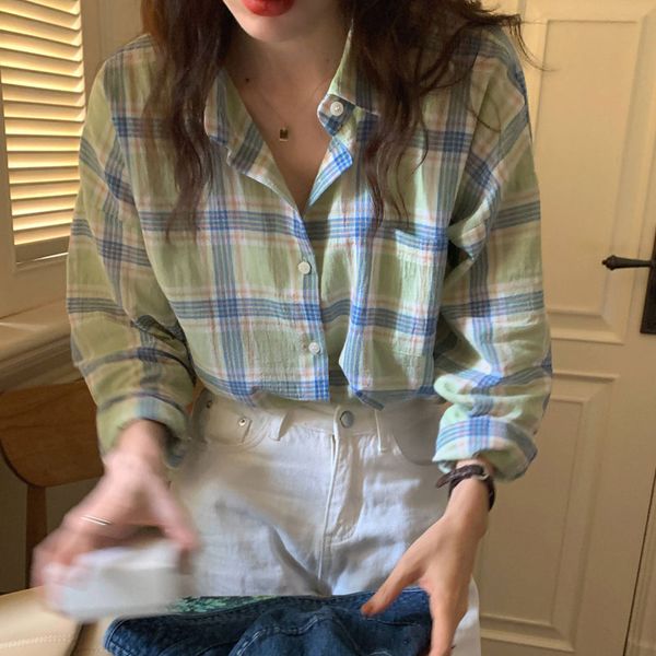 women plaid shirt green long sleeve clothing korean style fashion vintage turn-down collar casual single breasted, White
women plaid shirt green long sleeve clothing korean style fashion vintage turn-down collar casual single breasted, White