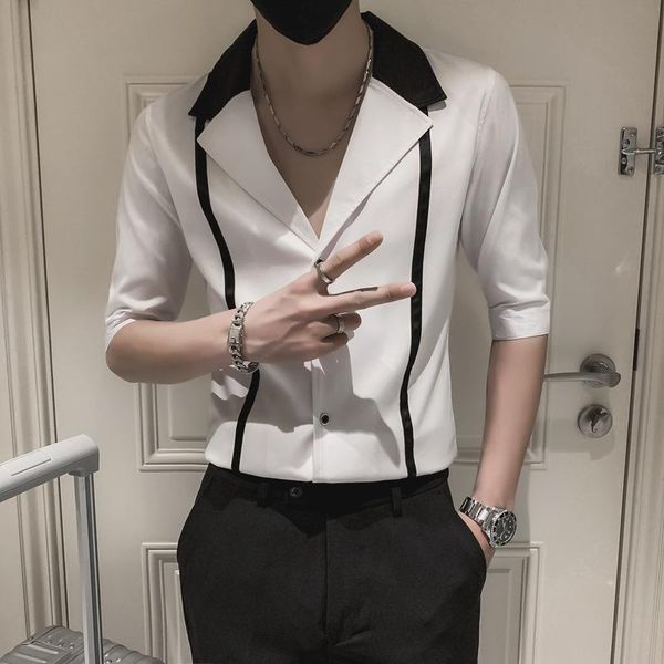 men's casual shirts men clothing 2021 summer short-sleeved shirt korean youth trend fashion color matching suit collar, White;black
men's casual shirts men clothing 2021 summer short-sleeved shirt korean youth trend fashion color matching suit collar, White;black