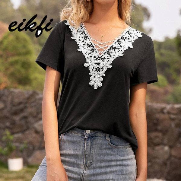 women's t-shirt eikfi lace floral patched solid women tees summer ladies v neck short sleeve casual loose and t-shirts black red shirt, White
women's t-shirt eikfi lace floral patched solid women tees summer ladies v neck short sleeve casual loose and t-shirts black red shirt, White