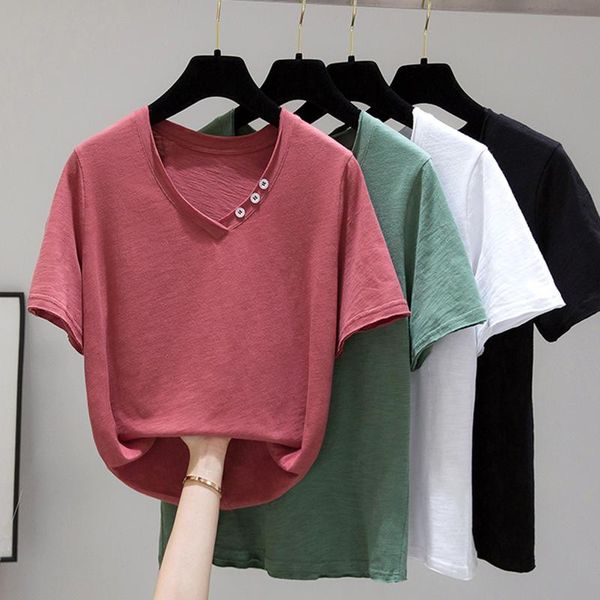 women's t-shirt button v-neck women cotton summer 2021 short sleeve korean style casual t shirt woman clothes tee femme, White
women's t-shirt button v-neck women cotton summer 2021 short sleeve korean style casual t shirt woman clothes tee femme, White