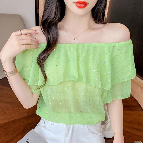 women's blouses & shirts femme 2021 summer fashion elastic one-shoulder bat sleeve shiny ruffled chiffon shirt thin sequins short loose, White
women's blouses & shirts femme 2021 summer fashion elastic one-shoulder bat sleeve shiny ruffled chiffon shirt thin sequins short loose, White