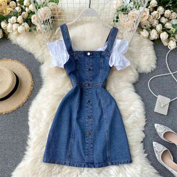 summer casual female single breasted denim mini dress women spaghetti strap puff sleeve detachable 210430, Black;gray
summer casual female single breasted denim mini dress women spaghetti strap puff sleeve detachable 210430, Black;gray