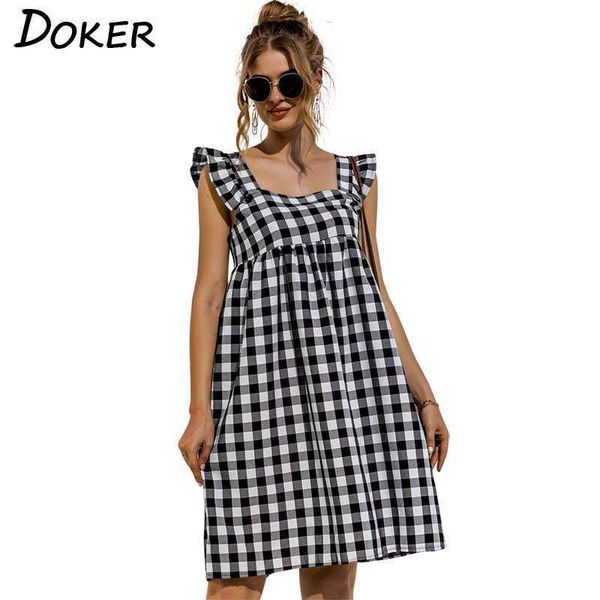 square collar ruffle loose sleeveless high waist a-line pullover mini dress butterfly sleeve plaid casual ladies dresses 210604, Black;gray
square collar ruffle loose sleeveless high waist a-line pullover mini dress butterfly sleeve plaid casual ladies dresses 210604, Black;gray