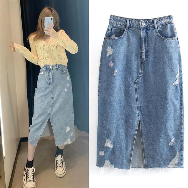 high waist denim summer women skirts hole slim zipper split retro fashion temperament daily wearing long, Black
high waist denim summer women skirts hole slim zipper split retro fashion temperament daily wearing long, Black