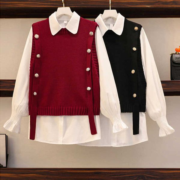 casual retro plus size white lapel single-breasted blouse flare sleeve shirts black o neck sweater vest sleeveless knitted 210610
casual retro plus size white lapel single-breasted blouse flare sleeve shirts black o neck sweater vest sleeveless knitted 210610