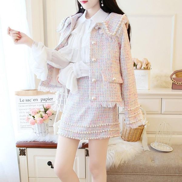 two piece dress autumn winter women tassels tweed set solid beading outfits preppy style casual patchwork womne's, White
two piece dress autumn winter women tassels tweed set solid beading outfits preppy style casual patchwork womne's, White