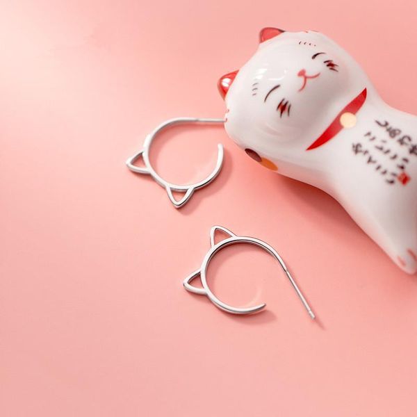 hoop & huggie est cute cat ear earrings for women 925 sterling silver daughter student girl small hollow fine jewelry, Golden;silver