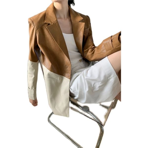 women's leather & faux female blazer with long sleeve, classic patchwork contrast color for women d3i7, Black
women's leather & faux female blazer with long sleeve, classic patchwork contrast color for women d3i7, Black