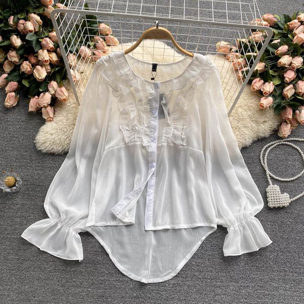 women's knits & tees summer clothing 2021 fashion chiffon mujer sweet wood ear slim round neck thin long-sleeved shirt blouse, White
women's knits & tees summer clothing 2021 fashion chiffon mujer sweet wood ear slim round neck thin long-sleeved shirt blouse, White