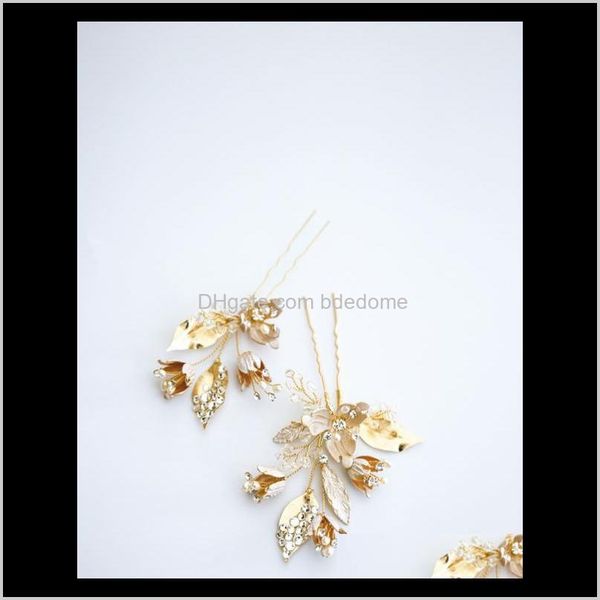 other jewelry drop delivery 2021 2 elegant golden rose flowers bridal clip crystal woman rhinestone hair stick wedding bridesmaid dress aess, Golden;white