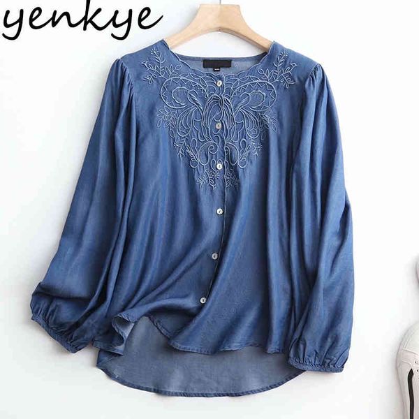 vintage blue floral embroidery blouse shirt women o neck long sleeve casual denim shirts plus size summer 210430, White
vintage blue floral embroidery blouse shirt women o neck long sleeve casual denim shirts plus size summer 210430, White