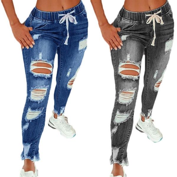 european american style women's elastic waist jeans mid-waist lace-up slim stretch leggings ripped denim trousers 20818, Blue
european american style women's elastic waist jeans mid-waist lace-up slim stretch leggings ripped denim trousers 20818, Blue