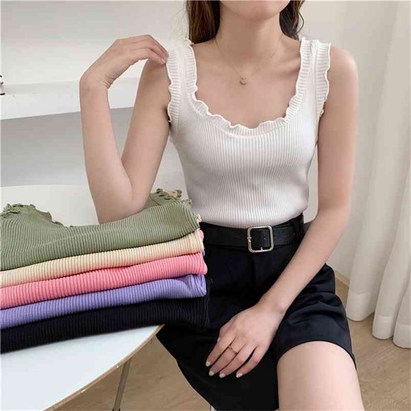 fashion solid color thin ruffled knitted vest summer women's sweet wild camisole 210507, White
fashion solid color thin ruffled knitted vest summer women's sweet wild camisole 210507, White