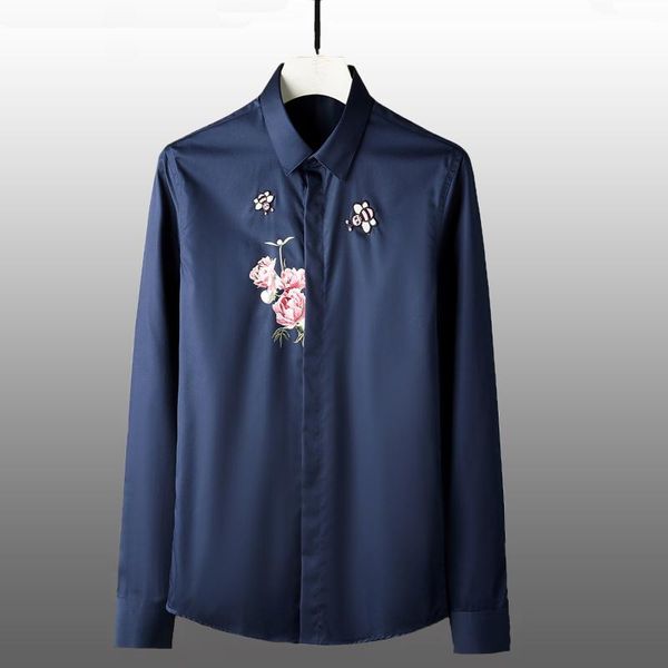 men's casual shirts minglu cotton mens luxury rose embroidery long sleeve dress fashion solid color slim fit man plus size, White;black
men's casual shirts minglu cotton mens luxury rose embroidery long sleeve dress fashion solid color slim fit man plus size, White;black