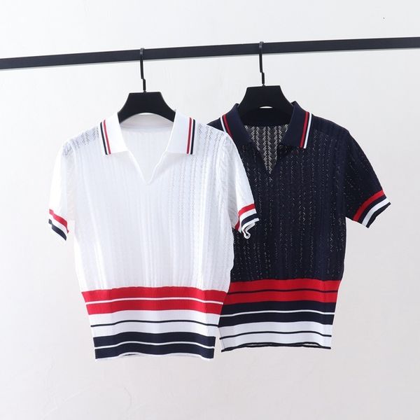 t shirt summer tb british style slim tricolor striped polo neck ice silk short sleeve sweater women's pullover top, White
t shirt summer tb british style slim tricolor striped polo neck ice silk short sleeve sweater women's pullover top, White