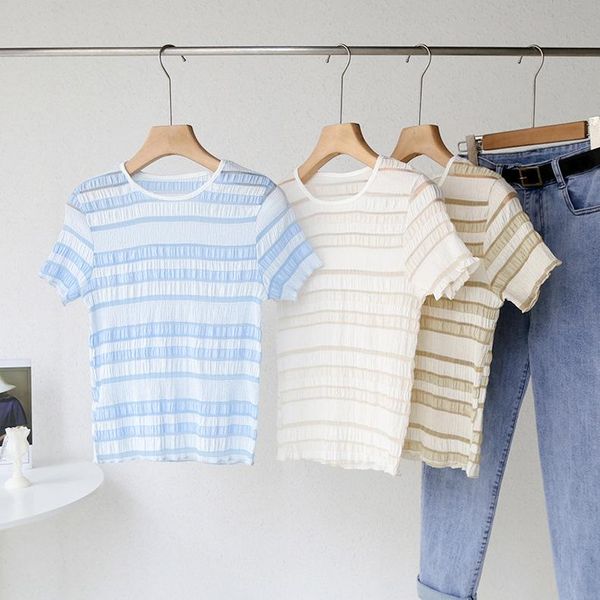 women's t-shirt vintage pleated short sleeve t shirt women casual streetwear o neck korean style tee basic striped female, White
women's t-shirt vintage pleated short sleeve t shirt women casual streetwear o neck korean style tee basic striped female, White