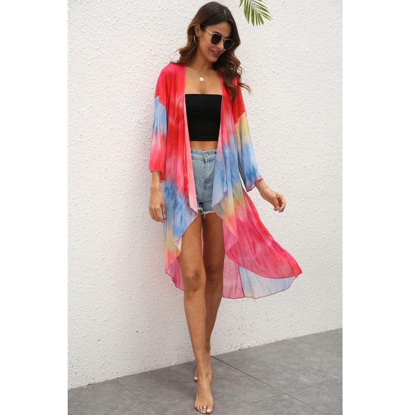 women casual beach cover-upstie dyed random printed irregular three quarter sleeves mesh elegant coat women's swimwear, White;black
women casual beach cover-upstie dyed random printed irregular three quarter sleeves mesh elegant coat women's swimwear, White;black