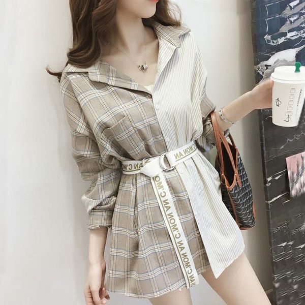 sweet women belt collar plaid shirt summer casual high waist long fashion korean sleeve blouse women's blouses & shirts, White
sweet women belt collar plaid shirt summer casual high waist long fashion korean sleeve blouse women's blouses & shirts, White