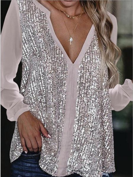 women's blouses & shirts 2021 v neck long sleeve sequined solid color women spring casual pullover patchwork loose blouse, White
women's blouses & shirts 2021 v neck long sleeve sequined solid color women spring casual pullover patchwork loose blouse, White