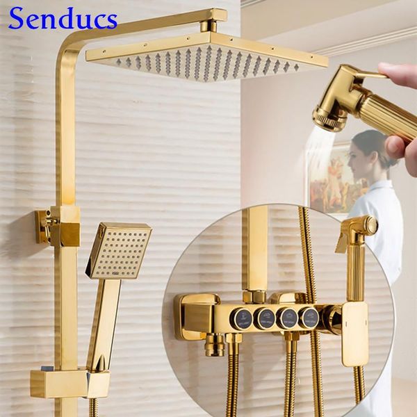 gold shower set senducs quality brass bathroom faucet 8 inch rainfall head with shelf suit sets
gold shower set senducs quality brass bathroom faucet 8 inch rainfall head with shelf suit sets