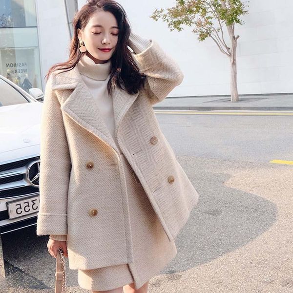 two piece dress autumn winter gentle wind coat women's mid-length double-breasted suit collar woolen +two-piece skirt beige clothes, White
two piece dress autumn winter gentle wind coat women's mid-length double-breasted suit collar woolen +two-piece skirt beige clothes, White