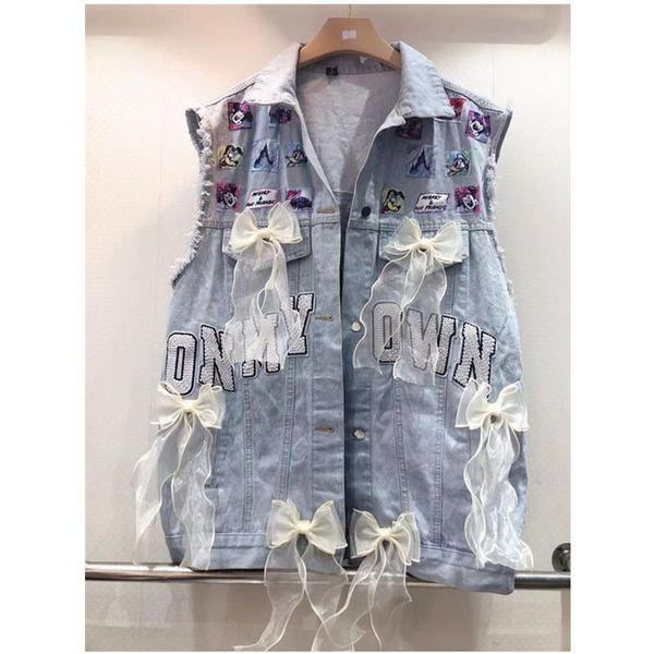 women's vests 2021 spring cartoon denim vest yarn bow sleeveless cardigan jacket y758, Black;white
women's vests 2021 spring cartoon denim vest yarn bow sleeveless cardigan jacket y758, Black;white