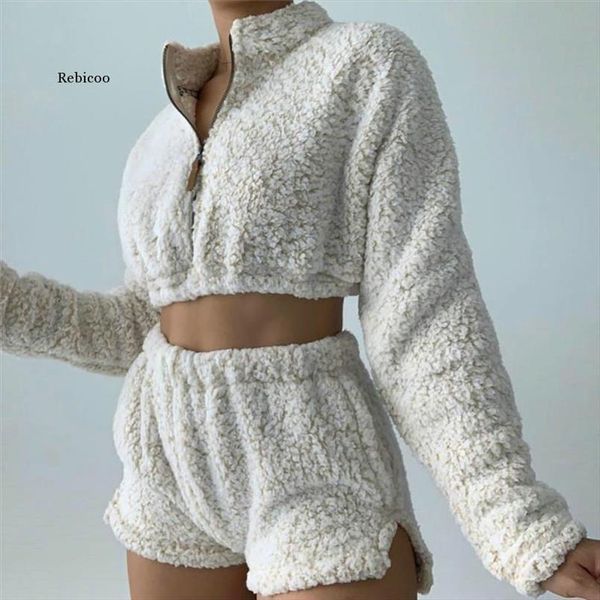 solid color fleece warm autumn womenpant clothes set casual two piece long sleeve zipper shorts nightwear, White
solid color fleece warm autumn womenpant clothes set casual two piece long sleeve zipper shorts nightwear, White