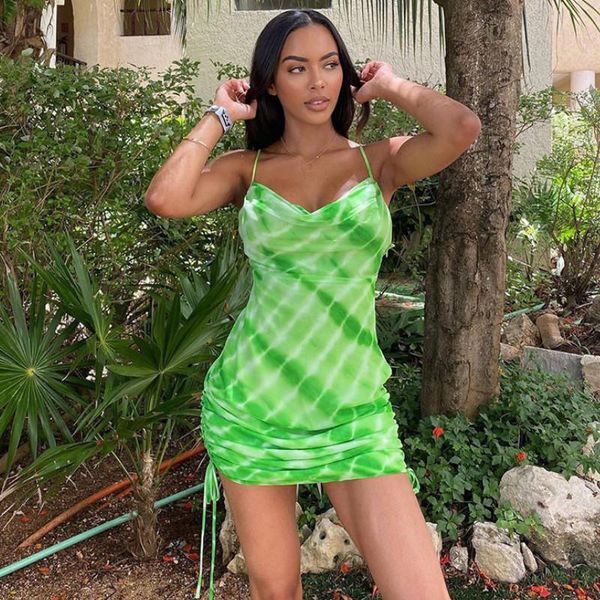 casual dresses women satin green spaghetti strap dress v-neck sleeveless backless mini ruffle drawstring hemline, Black;gray