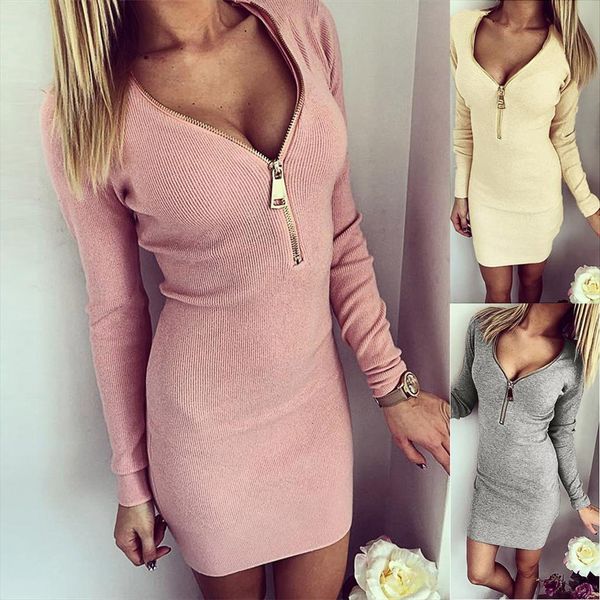 fashion solid women dress v neck long zipper sleeve tight mini vestido de mujer summer, Black;gray
fashion solid women dress v neck long zipper sleeve tight mini vestido de mujer summer, Black;gray