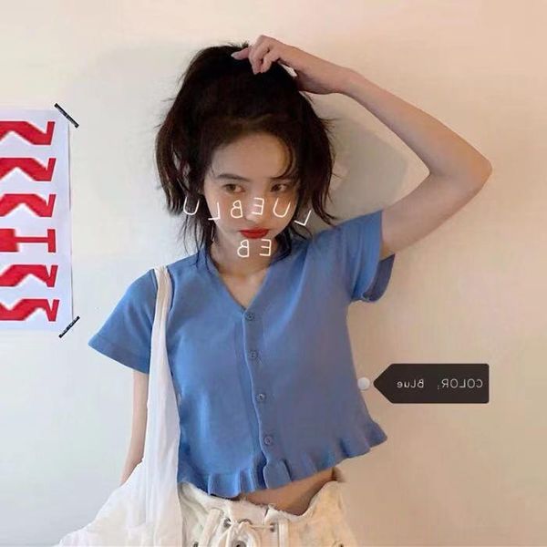 women's t-shirt 2021 summer knitted thin t- shirts women v-neck short sleeve buttoned up ruffles casual streetwear slim crop tees for, White
women's t-shirt 2021 summer knitted thin t- shirts women v-neck short sleeve buttoned up ruffles casual streetwear slim crop tees for, White