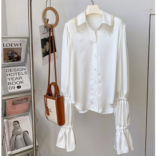 sweaters spring fashion button up satin elegant female loose pearls beaded women white blouse lady long sleeves faux silk shirt, White;black
sweaters spring fashion button up satin elegant female loose pearls beaded women white blouse lady long sleeves faux silk shirt, White;black