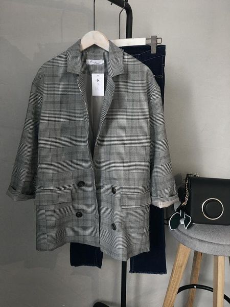 women's suits & blazers 2021 autumn and winter korean retro plaid suit jacket women, White;black
women's suits & blazers 2021 autumn and winter korean retro plaid suit jacket women, White;black