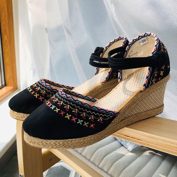 Dress Shoes Bohemian Women Canvas Wedge Espadrilles Sandals Handmade Linen Ankle Strap 7cm High Heel Platforms Comfort Summer