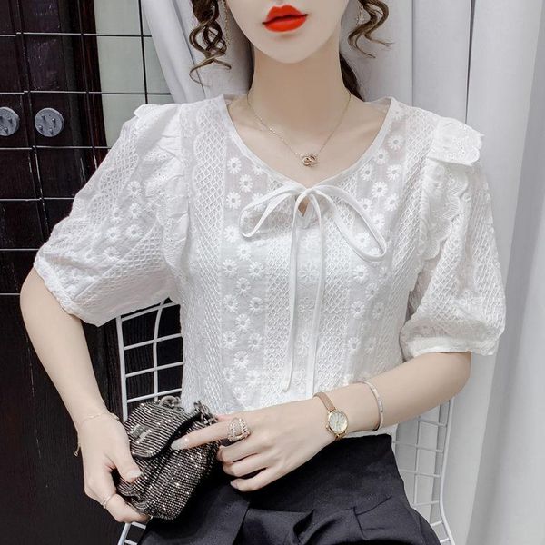 women's blouses & shirts 2021 summer women casual short sleeve o-neck bow embroidery cotton fashion elegant office lady clothing, White
women's blouses & shirts 2021 summer women casual short sleeve o-neck bow embroidery cotton fashion elegant office lady clothing, White