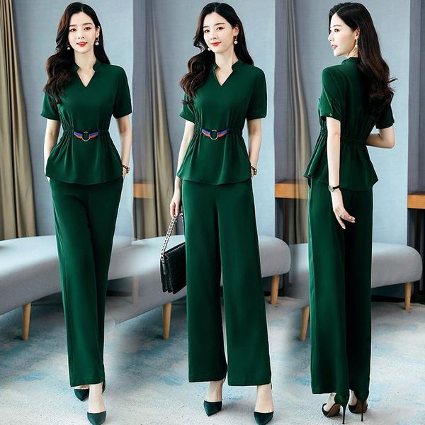 temperament chiffon suit wide leg pants summer korean women two piece set v neck sashes green black clothes women's, White
temperament chiffon suit wide leg pants summer korean women two piece set v neck sashes green black clothes women's, White