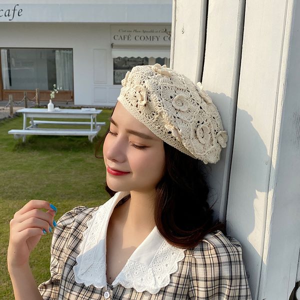 women's crochet cap beret elegant style versatile literature and art hollow hook flower retro caps floral hand knitted hat, Blue;gray
women's crochet cap beret elegant style versatile literature and art hollow hook flower retro caps floral hand knitted hat, Blue;gray