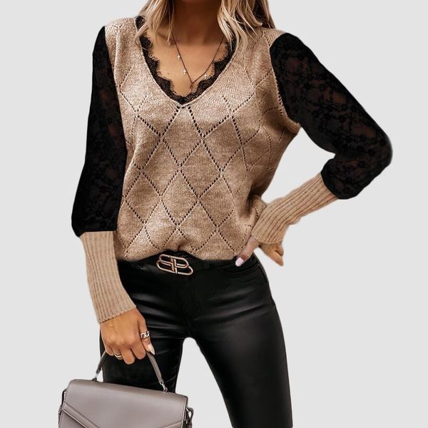 288095# spring and autumn plaid knitted stitched lace bottomed v-neck fashion versatile long sleeve sweater, White;black
288095# spring and autumn plaid knitted stitched lace bottomed v-neck fashion versatile long sleeve sweater, White;black