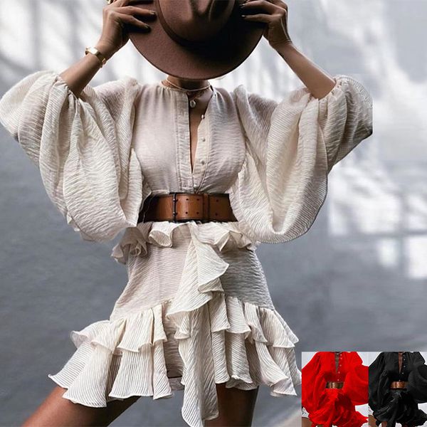 women elegant casual dress batwing sleeve ruffles high waist with sashe vintage dress, Black;gray
women elegant casual dress batwing sleeve ruffles high waist with sashe vintage dress, Black;gray