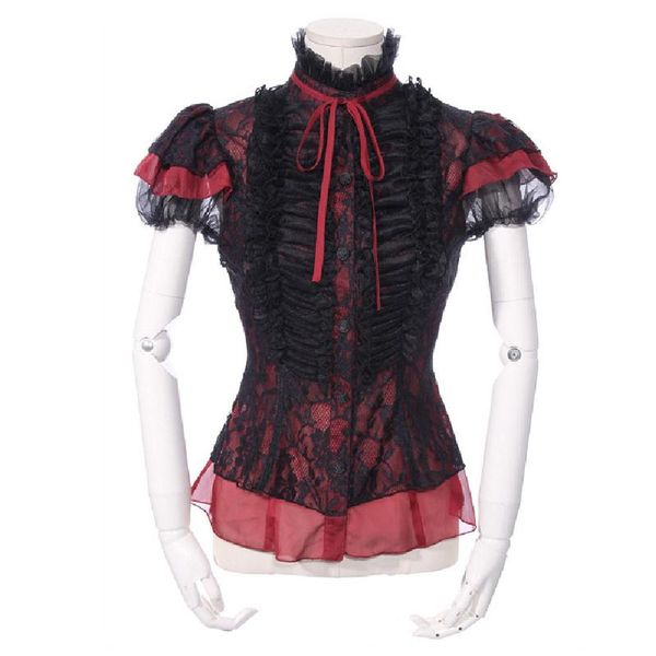 women's blouses & shirts womens black and red chiffon lace stand collar short sleeves gothic lolita blouse 21162br, White
women's blouses & shirts womens black and red chiffon lace stand collar short sleeves gothic lolita blouse 21162br, White