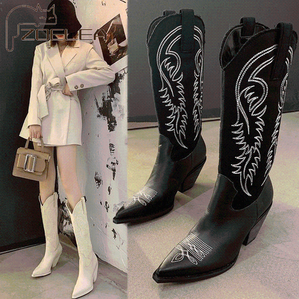 boots fashion embossed microfiber leather women pointed toe western cowboy knee-high chunky wedges, Black
boots fashion embossed microfiber leather women pointed toe western cowboy knee-high chunky wedges, Black