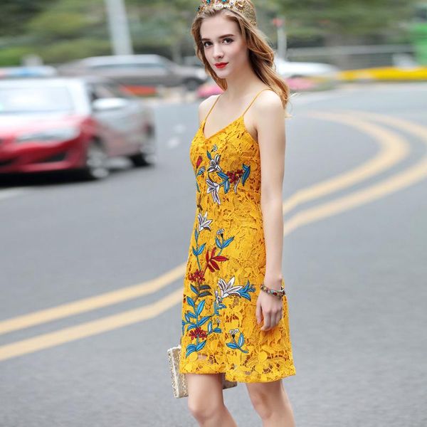 casual dresses summer designer women's flower embroidery yellow mini boutique spaghetti strap vestidos, Black;gray
casual dresses summer designer women's flower embroidery yellow mini boutique spaghetti strap vestidos, Black;gray