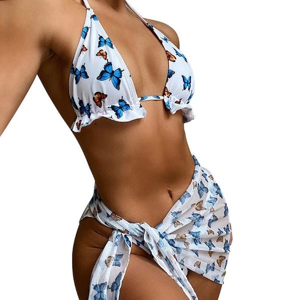 women's swimwear 3pcs women bikini set sweet butterfly printed halter ruffles triangle swimsuit with mesh cover up beach sarong wrap sk, White;black
women's swimwear 3pcs women bikini set sweet butterfly printed halter ruffles triangle swimsuit with mesh cover up beach sarong wrap sk, White;black